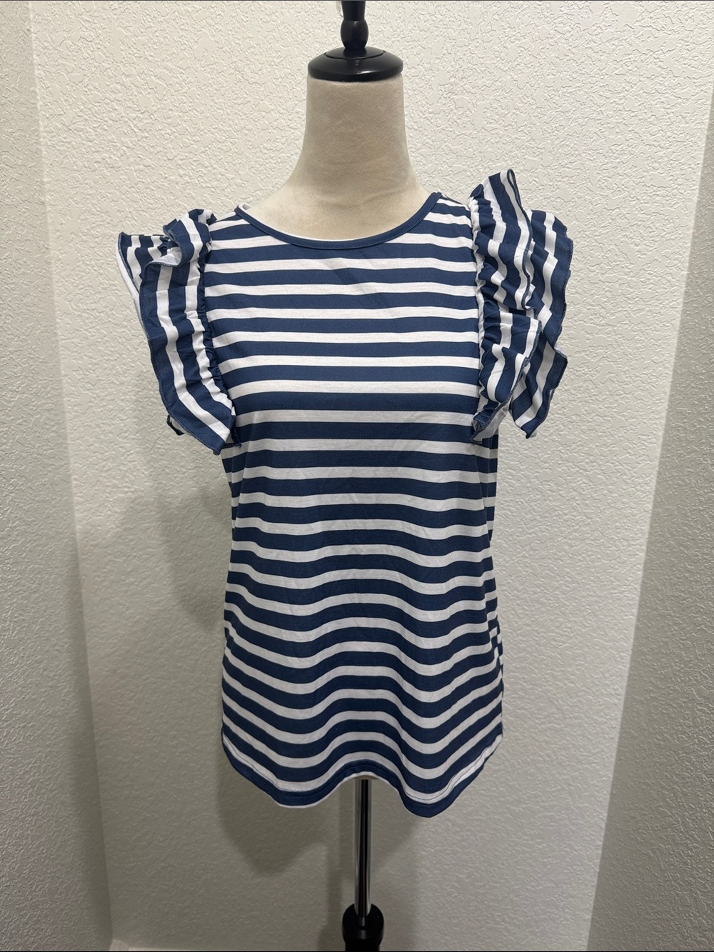 SHEIN Navy & White Striped Ruffle Sleeve Tee